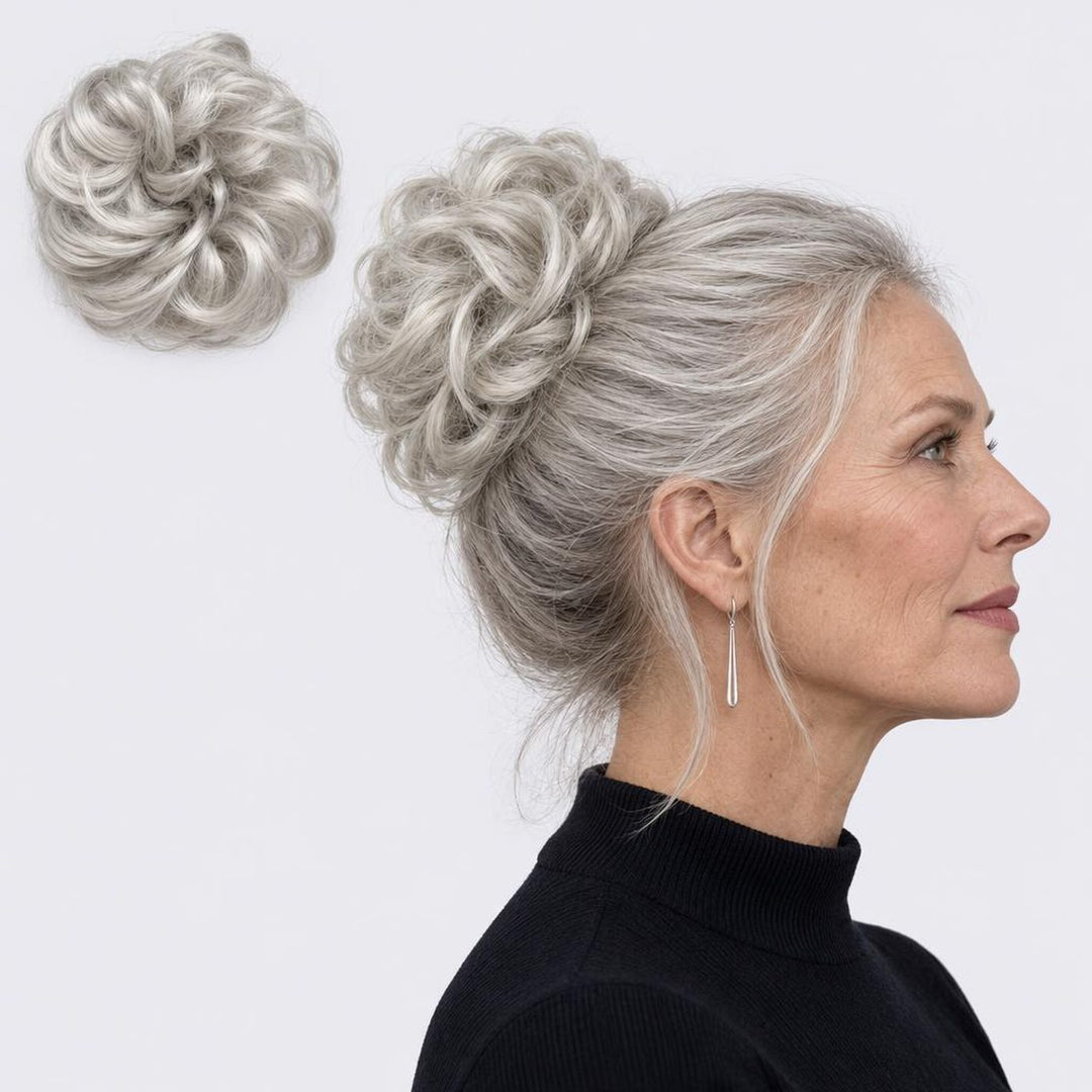 Tangled Scrunchie in Light Grey – curly hair scrunchie extension, shown loose and worn by a model