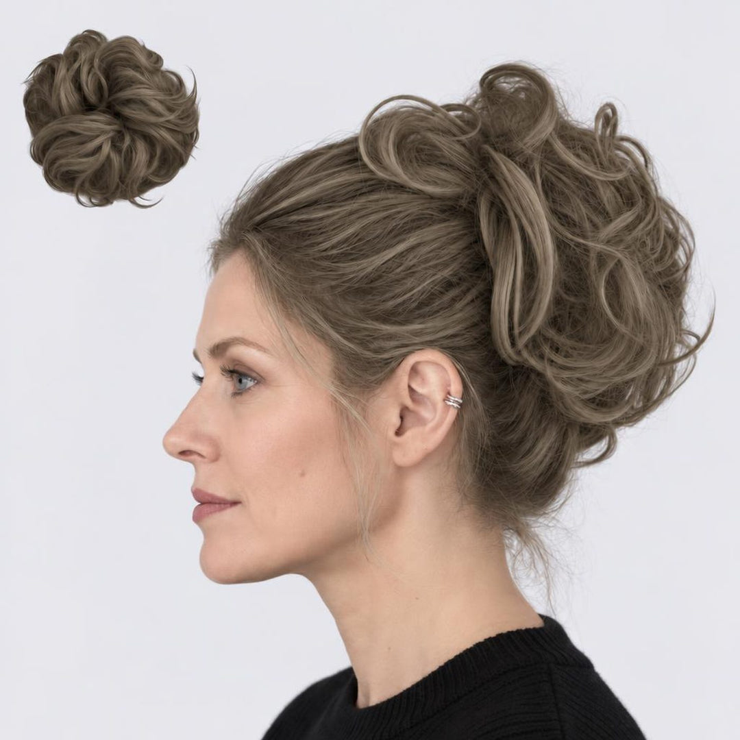 Tangled Scrunchie Luxe Length in Ash Blonde – extra-long curly scrunchie hair piece, shown loose and worn by a model