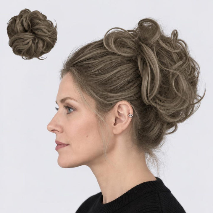 Tangled Scrunchie Luxe Length in Ash Blonde – extra-long curly scrunchie hair piece, shown loose and worn by a model