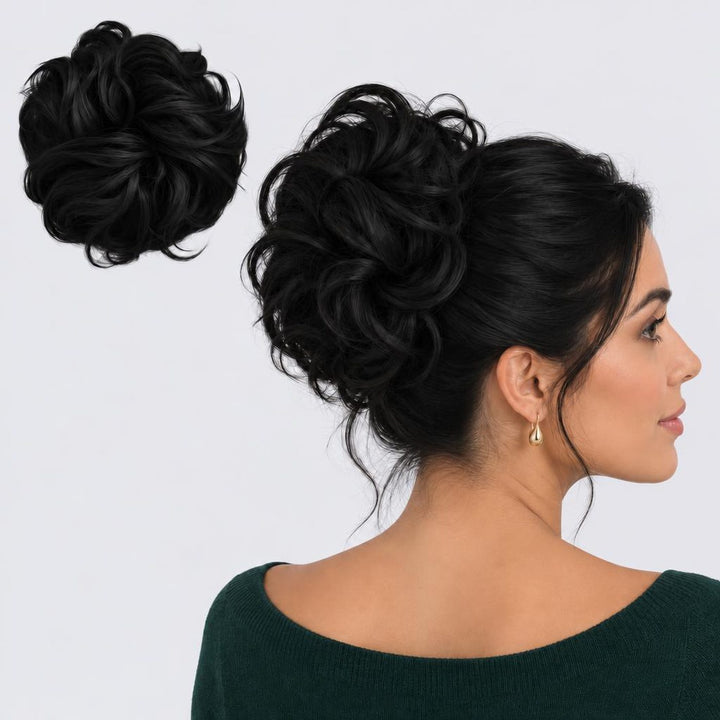 Tangled Scrunchie Luxe Length in Black – extra-long curly scrunchie hair piece, shown loose and worn by a model