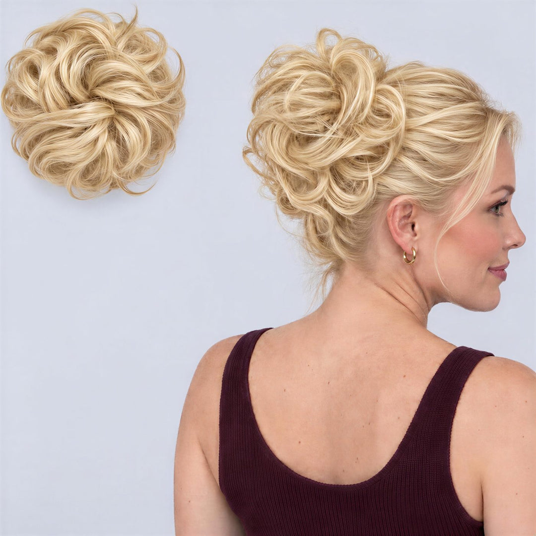 Tangled Scrunchie Luxe Length in Blonde – extra-long curly scrunchie hair piece, shown loose and worn by a model