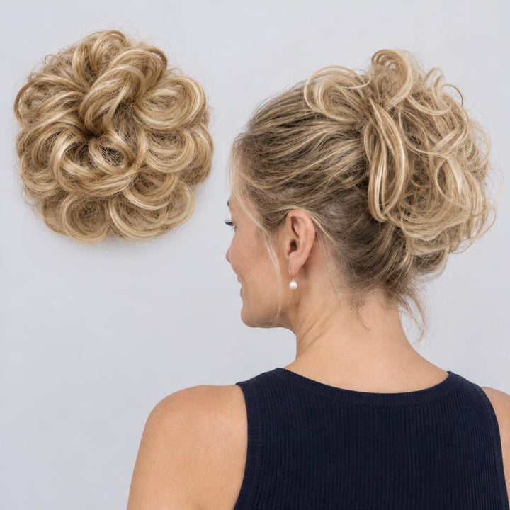 Tangled Scrunchie Luxe Length in Blonde Mix – extra-long curly scrunchie hair piece, shown loose and worn by a model