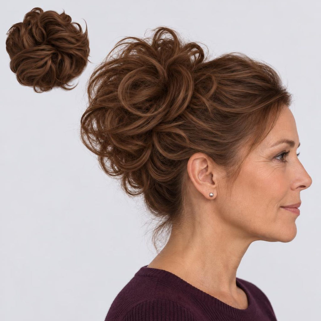 Tangled Scrunchie Luxe Length in Brown – extra-long curly scrunchie hair piece, shown loose and worn by a model