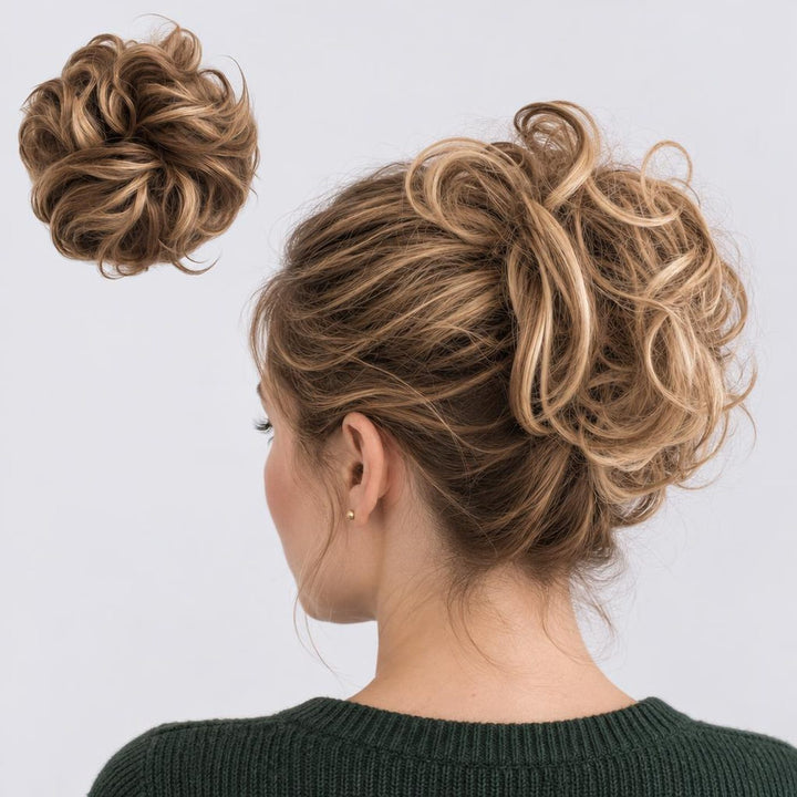 Tangled Scrunchie Luxe Length in Brown Mix – extra-long curly scrunchie hair piece, shown loose and worn by a model