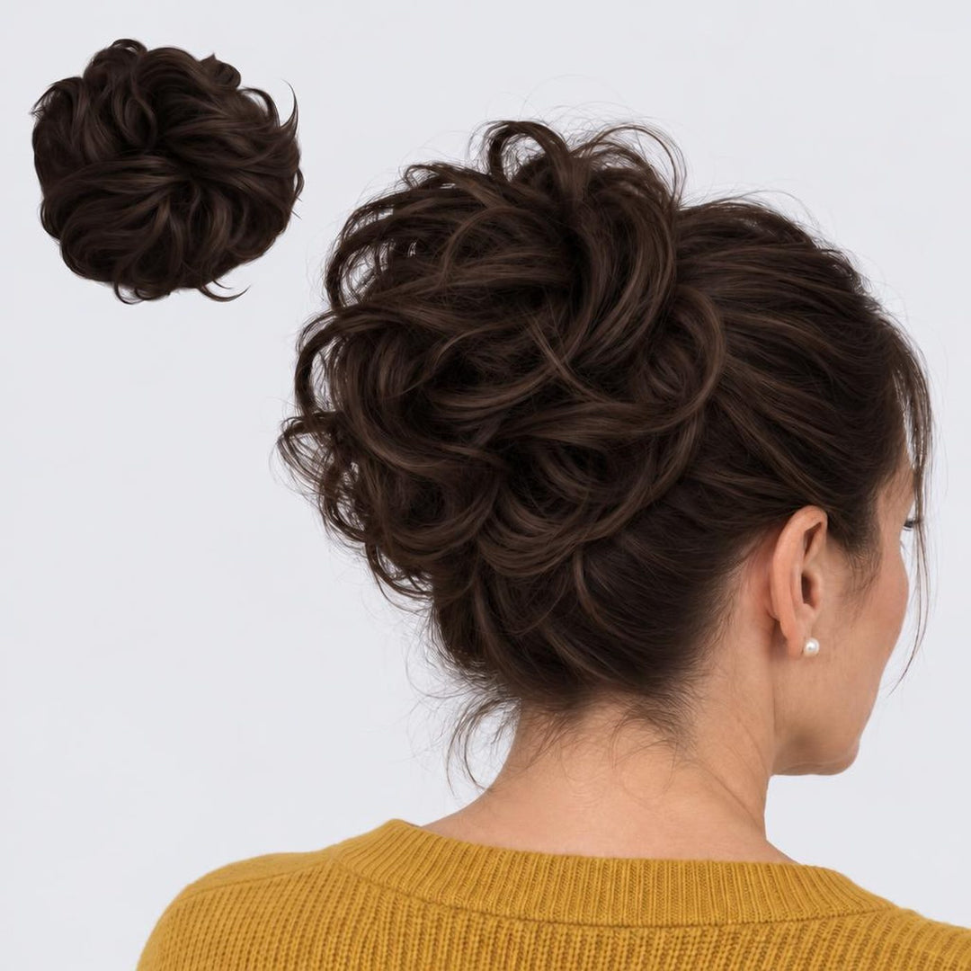 Tangled Scrunchie Luxe Length in Dark Brown – extra-long curly scrunchie hair piece, shown loose and worn by a model