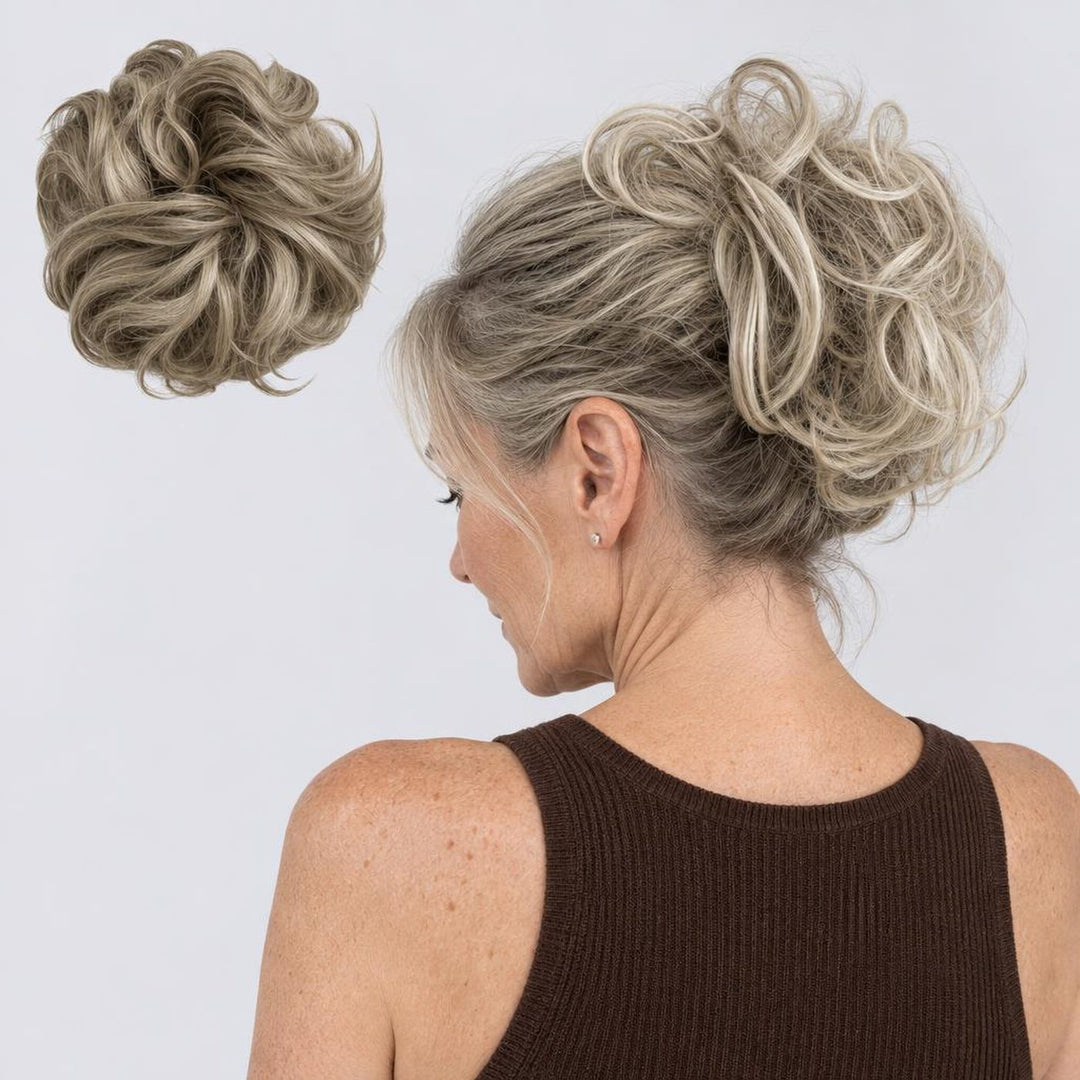 Tangled Scrunchie Luxe Length in Grey Blonde – extra-long curly scrunchie hair piece, shown loose and worn by a model
