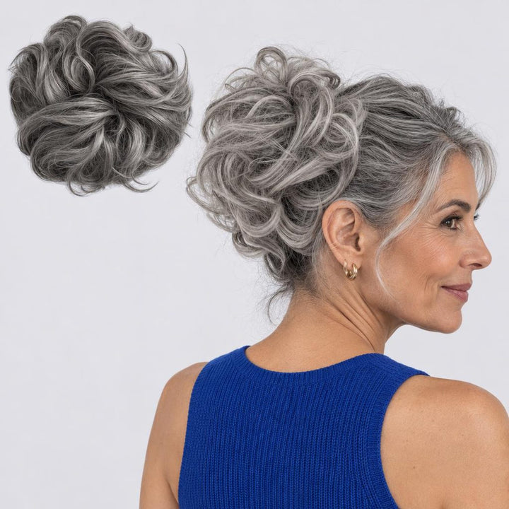 Tangled Scrunchie Luxe Length in Grey Mix – extra-long curly scrunchie hair piece, shown loose and worn by a model