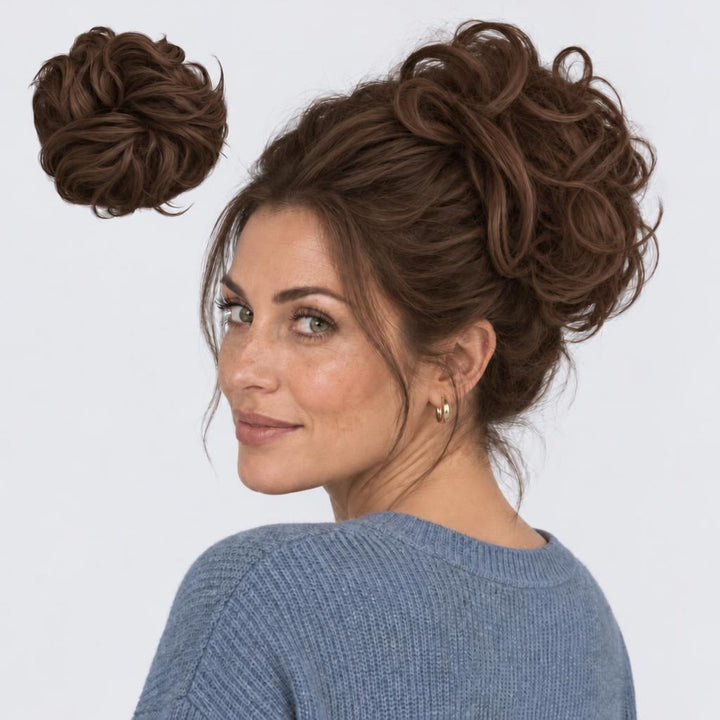 Tangled Scrunchie Luxe Length in Mocha – extra-long curly scrunchie hair piece, shown loose and worn by a model