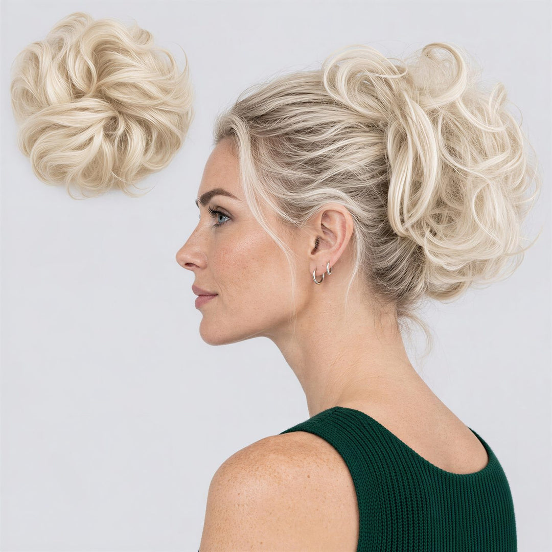 Tangled Scrunchie Luxe Length in Platinum – extra-long curly scrunchie hair piece, shown loose and worn by a model
