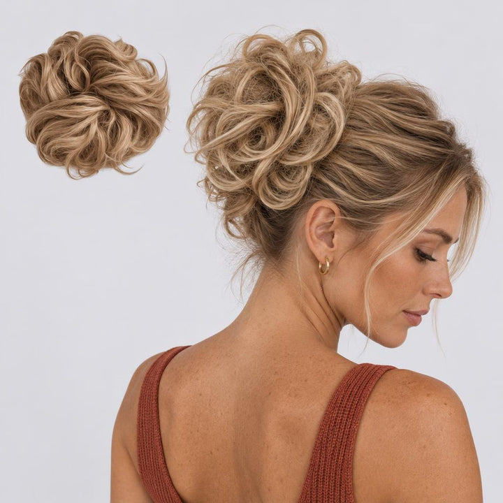 Tangled Scrunchie Luxe Length in Sandy Blonde – extra-long curly scrunchie hair piece, shown loose and worn by a model
