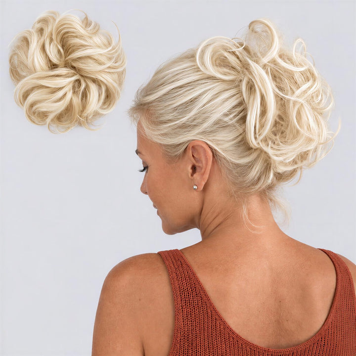 Tangled Scrunchie Luxe Length in Summer Blonde – extra-long curly scrunchie hair piece, shown loose and worn by a model