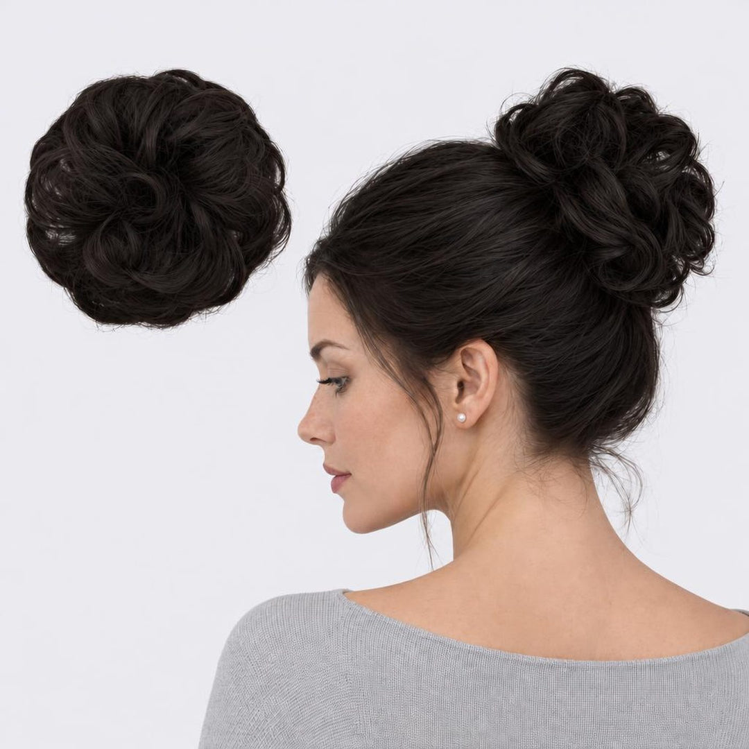 Tangled Scrunchie in Midnight Brown – curly hair scrunchie extension, shown loose and worn by a model
