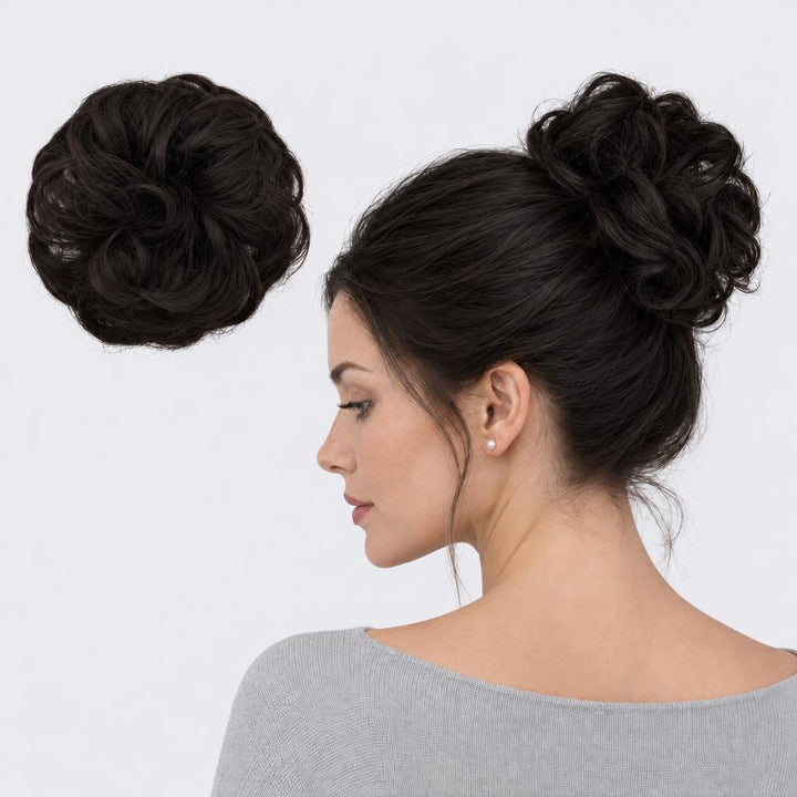 Tangled Scrunchie in Midnight Brown – curly hair scrunchie extension, shown loose and worn by a model