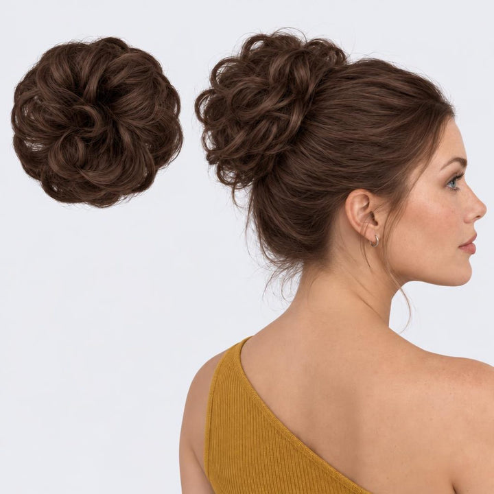 Tangled Scrunchie in Mocha – curly hair scrunchie extension, shown loose and worn by a model