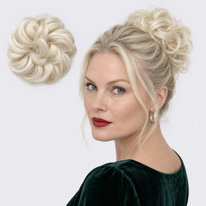 Tangled Scrunchie in Platinum – curly hair scrunchie extension, shown loose and worn by a model