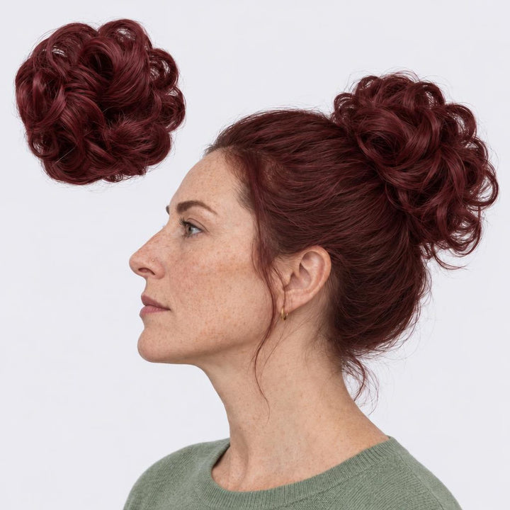 Tangled Scrunchie in Red – curly hair scrunchie extension, shown loose and worn by a model