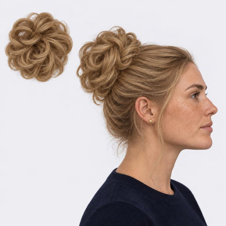 Tangled Scrunchie in Sandy Blonde – curly hair scrunchie extension, shown loose and worn by a model