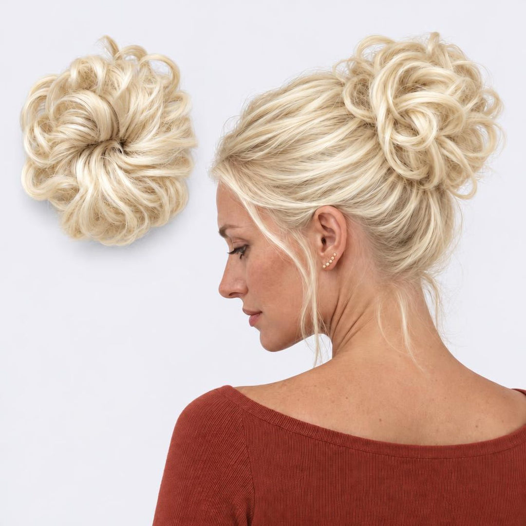 Tangled Scrunchie in Summer Blonde – curly hair scrunchie extension, shown loose and worn by a model