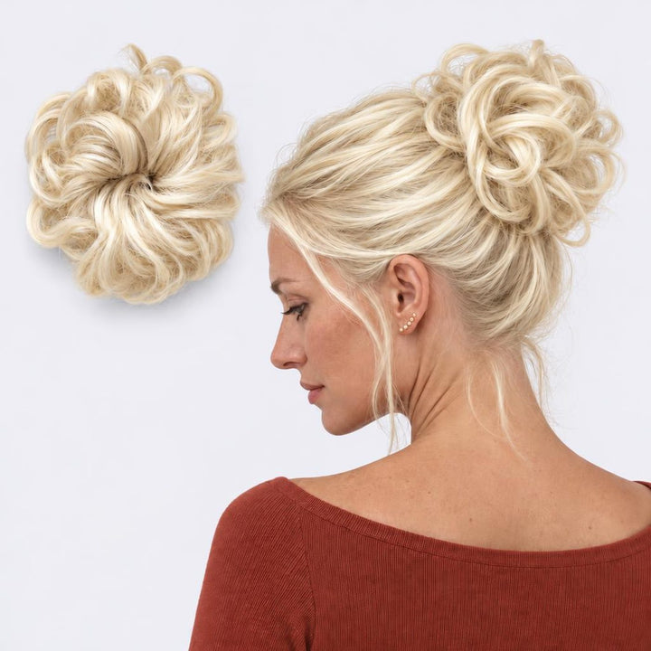 Tangled Scrunchie in Summer Blonde – curly hair scrunchie extension, shown loose and worn by a model
