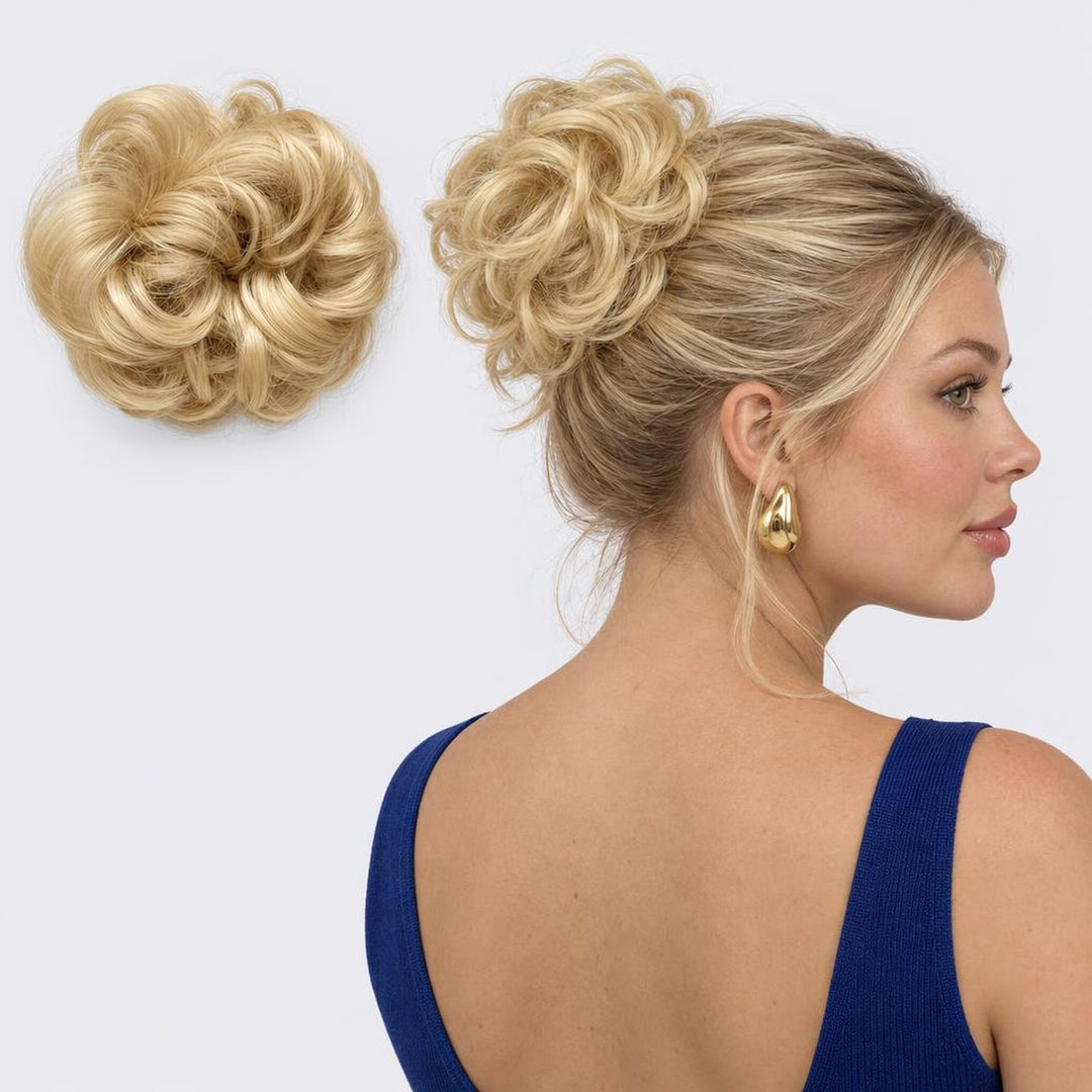 Tangled Scrunchie in Warm Blonde – curly hair scrunchie extension, shown loose and worn by a model