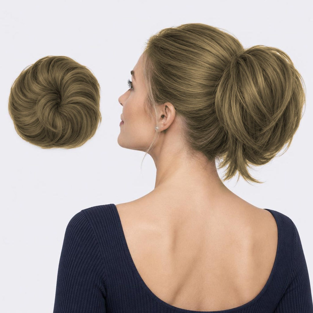 Tangled Straight Scrunchie in Ash Blonde – straight hair scrunchie extension, shown loose and worn by a model