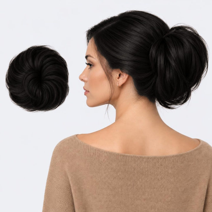 Tangled Straight Scrunchie in Black – straight hair scrunchie extension, shown loose and worn by a model