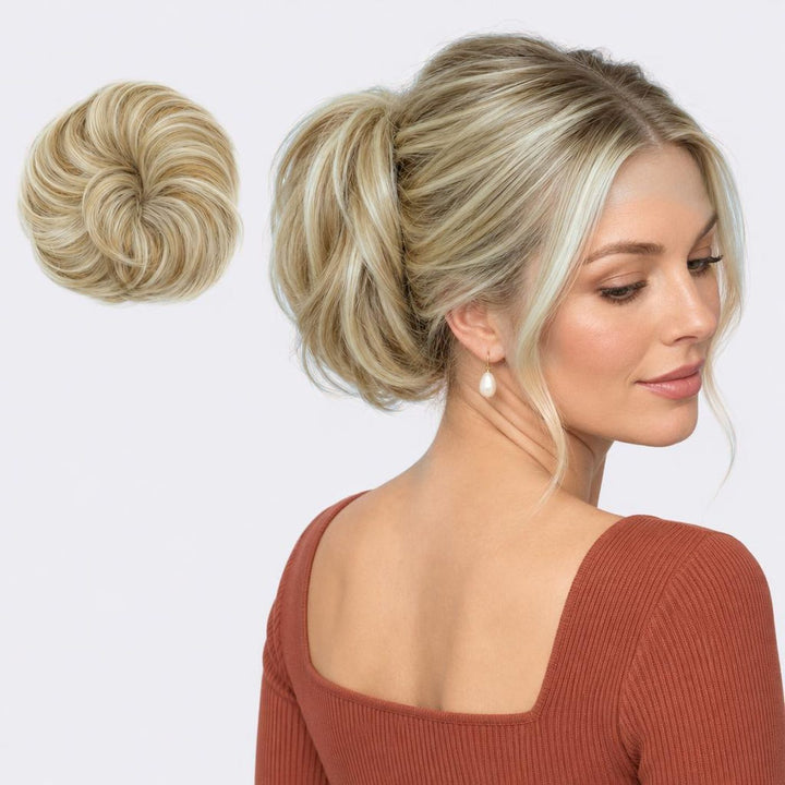 Tangled Straight Scrunchie in Blonde Mix – straight hair scrunchie extension, shown loose and worn by a model
