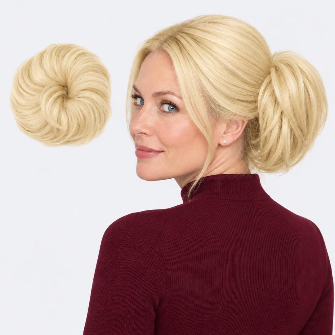 Tangled Straight Scrunchie in Blonde – straight hair scrunchie extension, shown loose and worn by a model