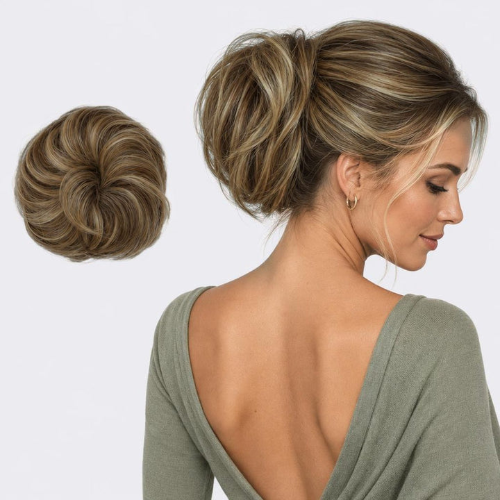 Tangled Straight Scrunchie in Brown Mix – straight hair scrunchie extension, shown loose and worn by a model