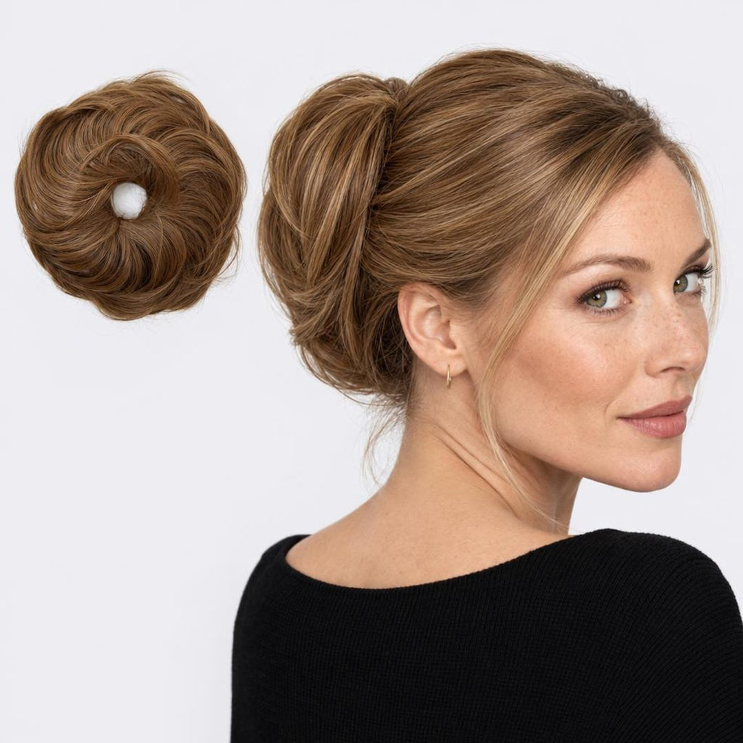 Tangled Straight Scrunchie in Brown – straight hair scrunchie extension, shown loose and worn by a model