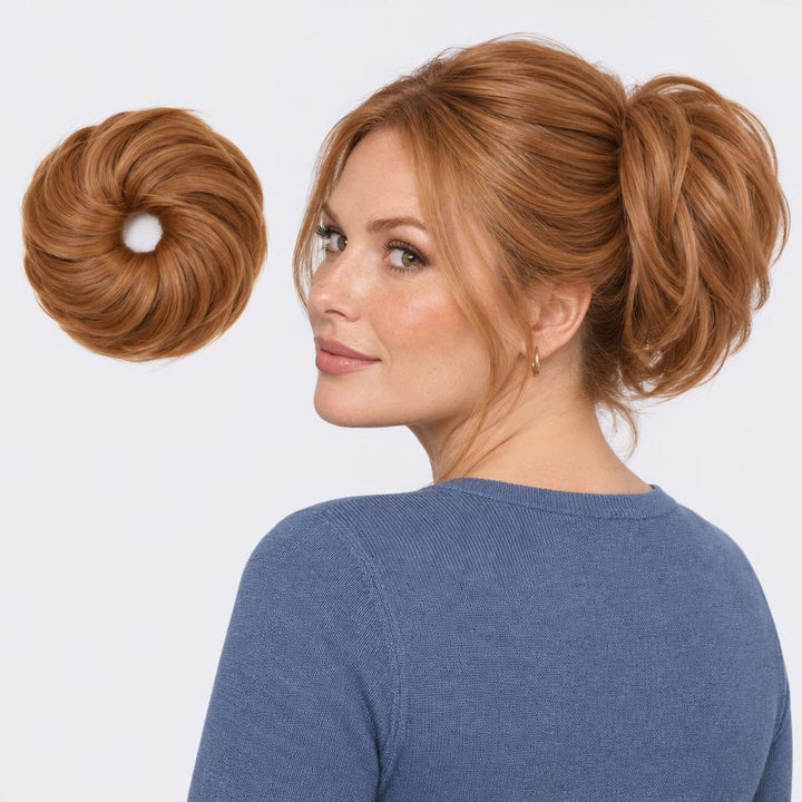 Tangled Straight Scrunchie in Copper – straight hair scrunchie extension, shown loose and worn by a model