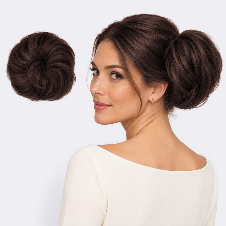 Tangled Straight Scrunchie in Dark Brown – straight hair scrunchie extension, shown loose and worn by a model