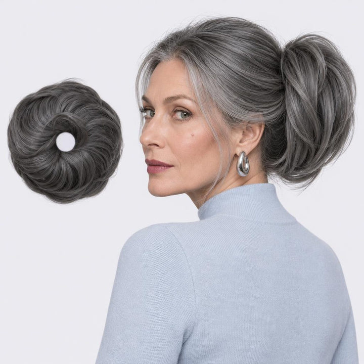 Tangled Straight Scrunchie in Dark Grey – straight hair scrunchie extension, shown loose and worn by a model