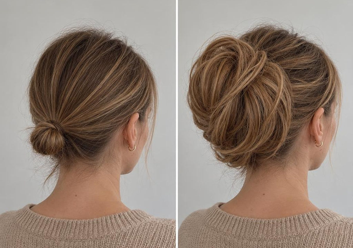 Före och efter: liten egen knut och större slät knut med Tangled Straight Scrunchie