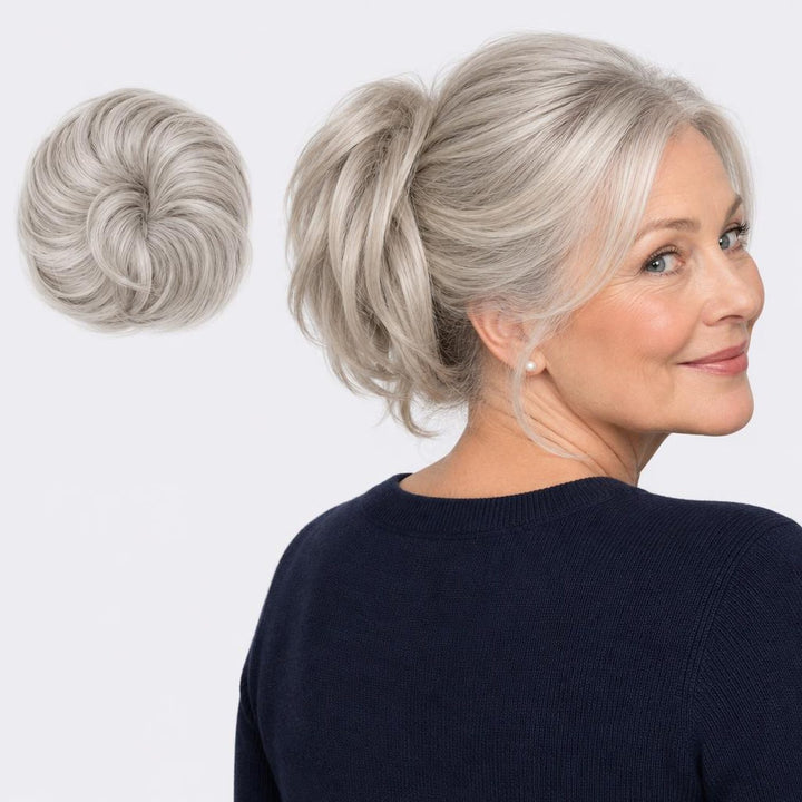Tangled Straight Scrunchie in Light Grey – straight hair scrunchie extension, shown loose and worn by a model