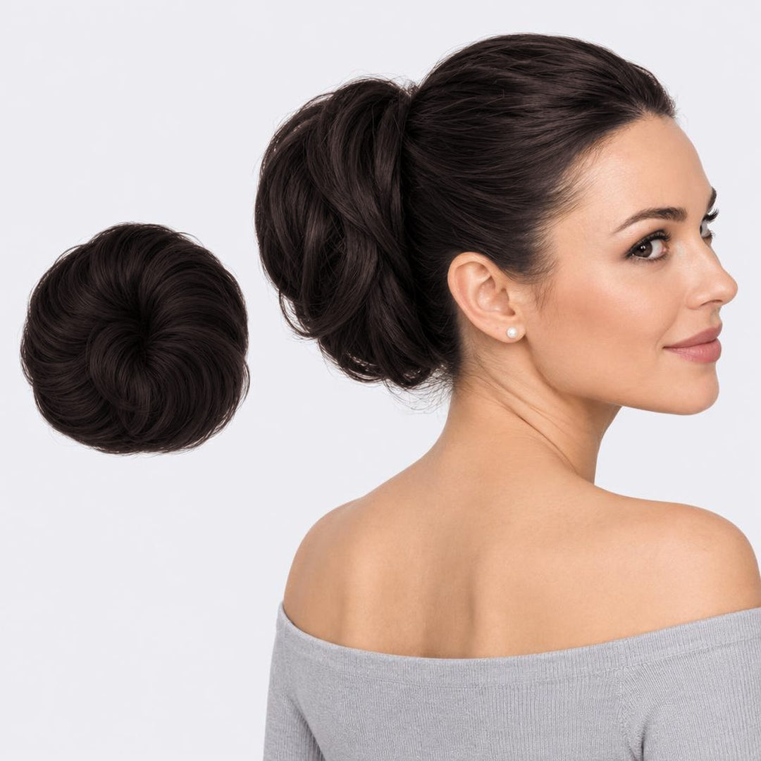 Tangled Straight Scrunchie in Midnight Brown – straight hair scrunchie extension, shown loose and worn by a model