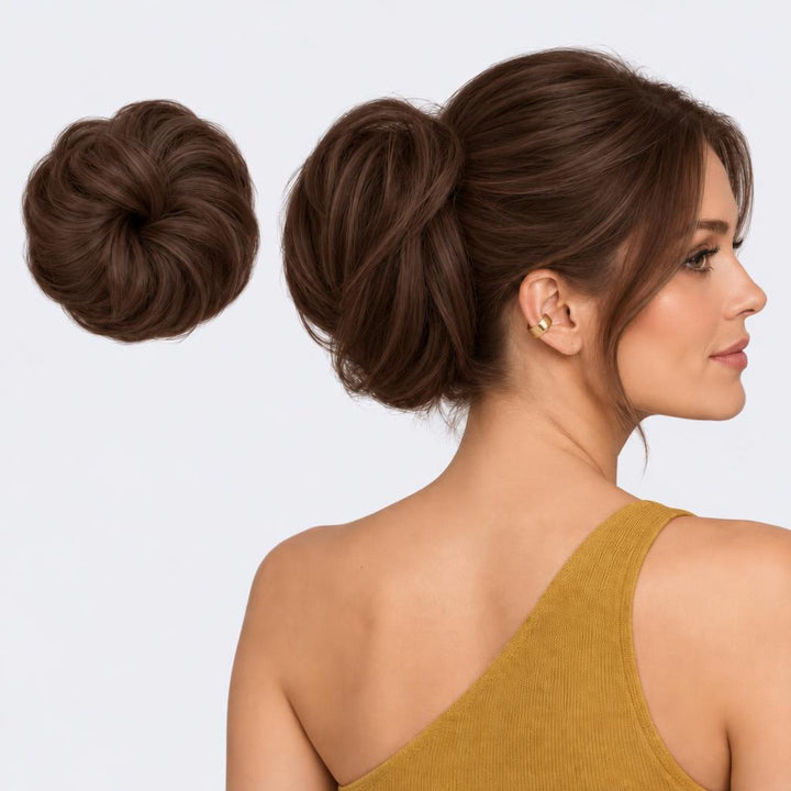 Tangled Straight Scrunchie in Mocha – straight hair scrunchie extension, shown loose and worn by a model