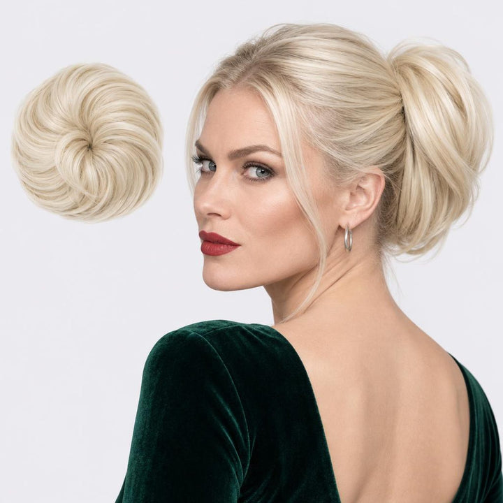 Tangled Straight Scrunchie in Platinum – straight hair scrunchie extension, shown loose and worn by a model
