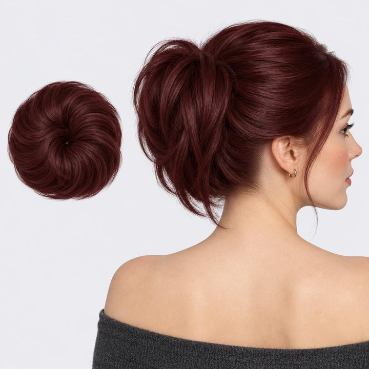 Tangled Straight Scrunchie in Red – straight hair scrunchie extension, shown loose and worn by a model