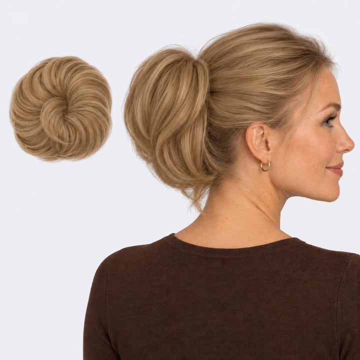 Tangled Straight Scrunchie in Sandy Blonde – straight hair scrunchie extension, shown loose and worn by a model