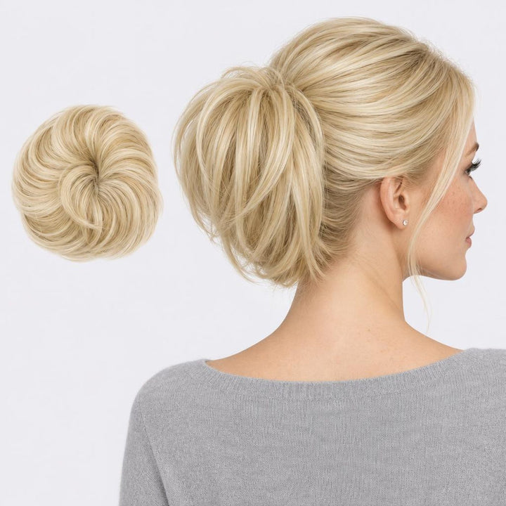 Tangled Straight Scrunchie in Summer Blonde – straight hair scrunchie extension, shown loose and worn by a model
