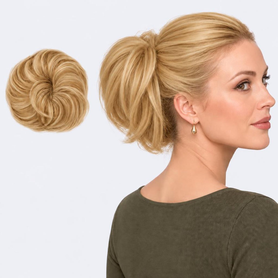 Tangled Straight Scrunchie in Warm Blonde – straight hair scrunchie extension, shown loose and worn by a model
