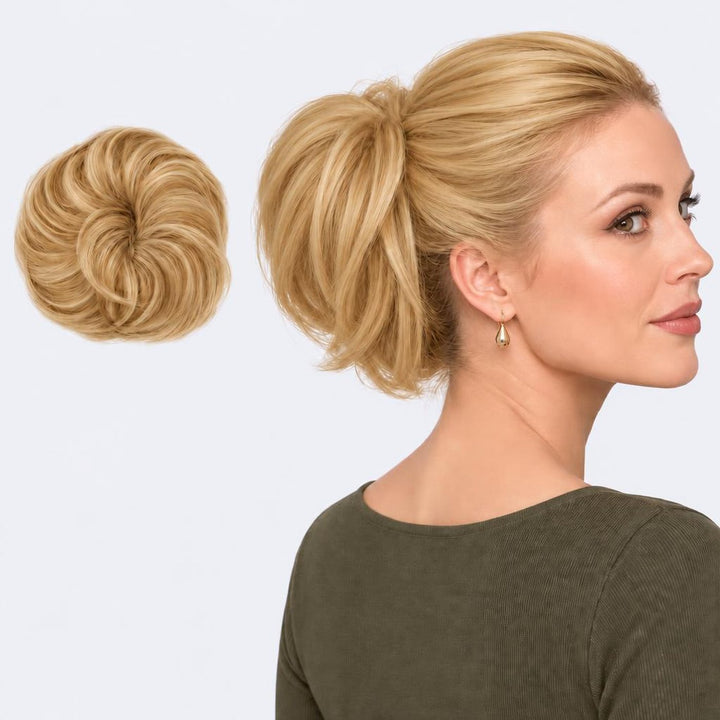Tangled Straight Scrunchie in Warm Blonde – straight hair scrunchie extension, shown loose and worn by a model