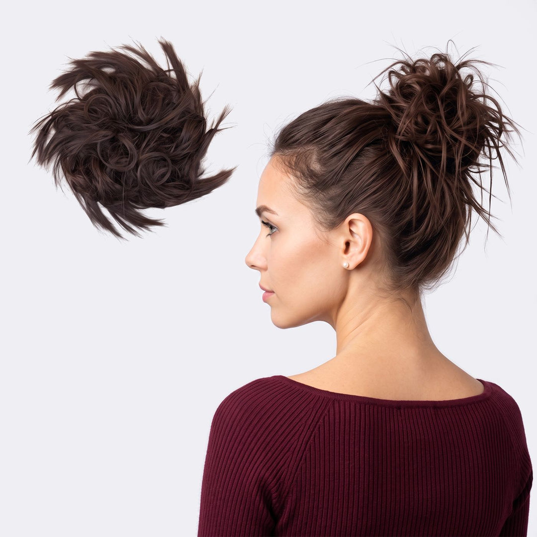 Tangled Wildbun in Dark Brown – tousled messy bun hair piece, shown loose and worn by a model